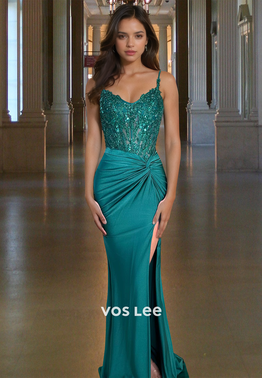V-Neck Spaghetti Straps Sleeveless Pleated Mermaid Prom Dress Glitter Applique Formal Gowns with High Slit