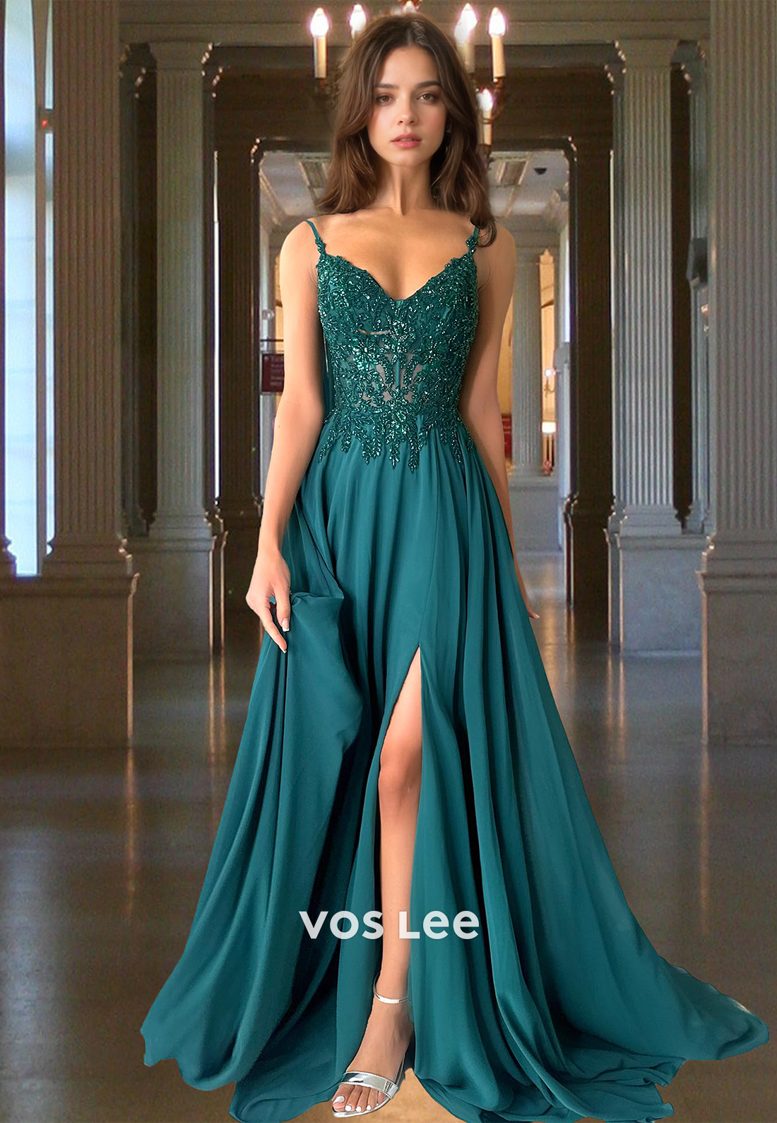 Spaghetti Straps V-Neck Sleeveless A-Line Prom Dress Off-Shoulder Beaded Applique Chiffon Formal Gowns