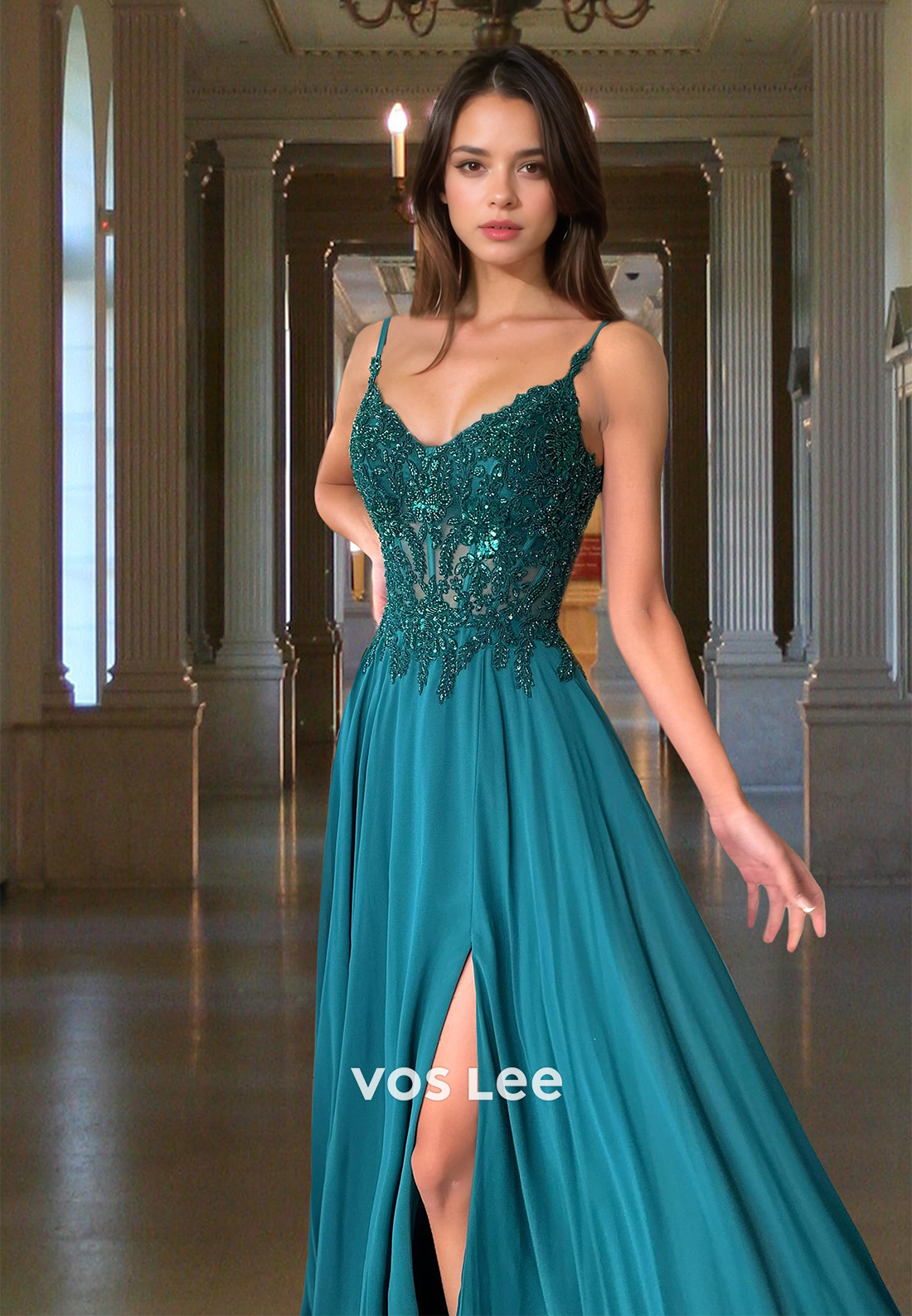 Spaghetti Straps V-Neck Sleeveless A-Line Prom Dress Off-Shoulder Beaded Applique Chiffon Formal Gowns