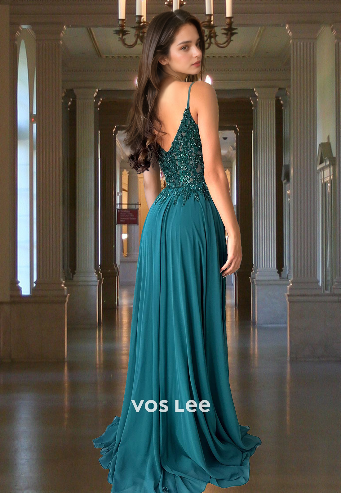 Spaghetti Straps V-Neck Sleeveless A-Line Prom Dress Off-Shoulder Beaded Applique Chiffon Formal Gowns