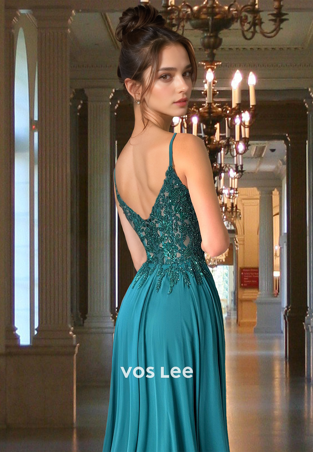 Spaghetti Straps V-Neck Sleeveless A-Line Prom Dress Off-Shoulder Beaded Applique Chiffon Formal Gowns