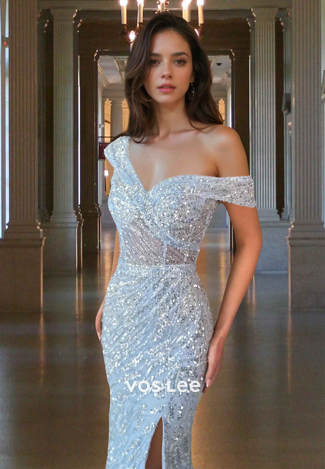 Classy One Shoulder Sheath Back Zipper Sequins Prom Pageant Dress with Split