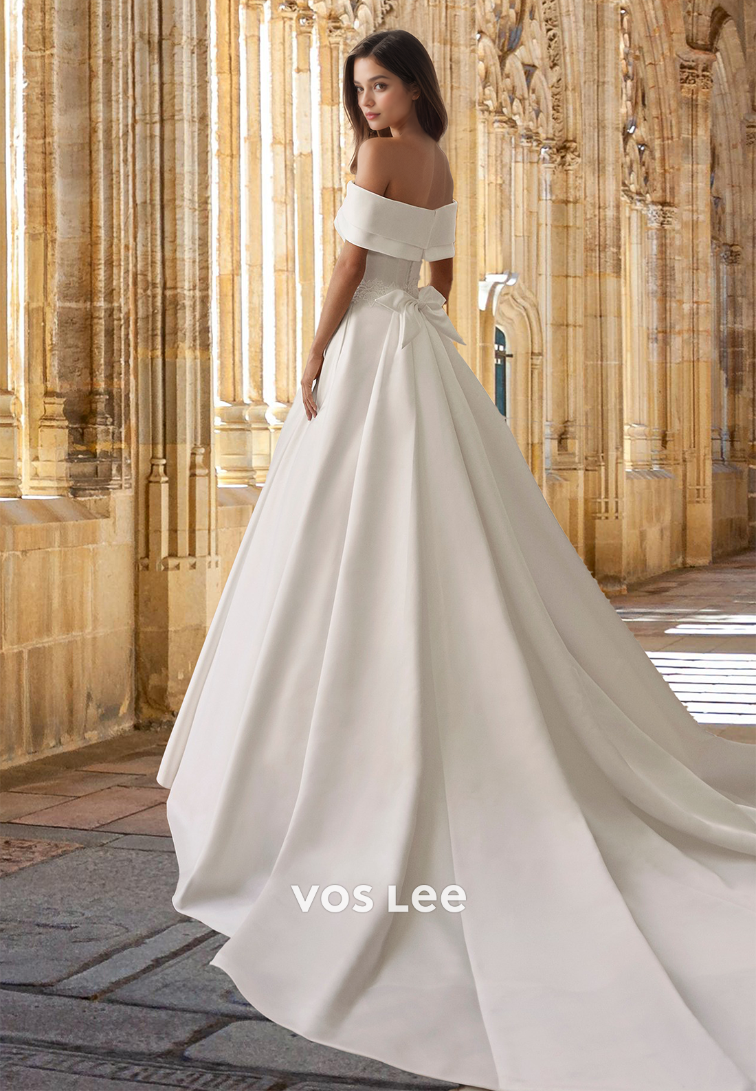 Classy A-Line Off Shoulder Sleeveless Court Train Bow Satin Wedding Gown