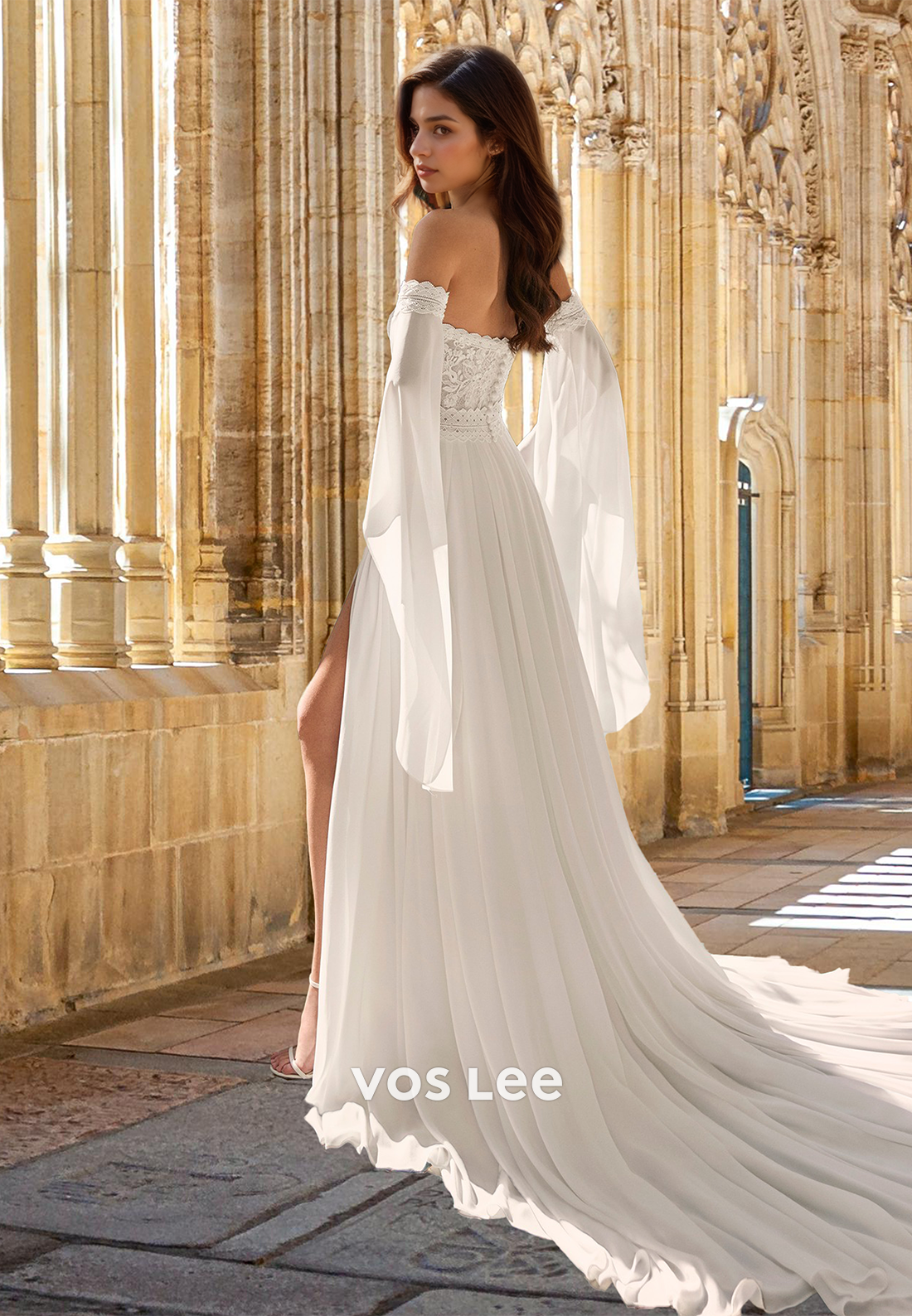 Unique A-Line Strapless Long Sleeves High Split Lace Appliques Wedding Gown