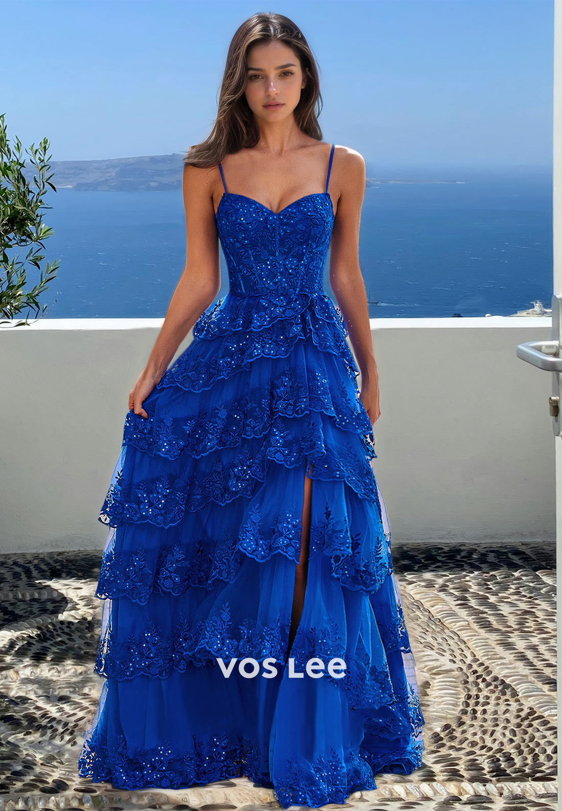 Luxury A-Line V Neck Royal Blue Tiered Sequins Prom Formal Dress with Split