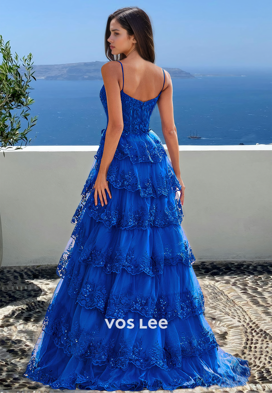 Luxury A-Line V Neck Royal Blue Tiered Sequins Prom Formal Dress with Split
