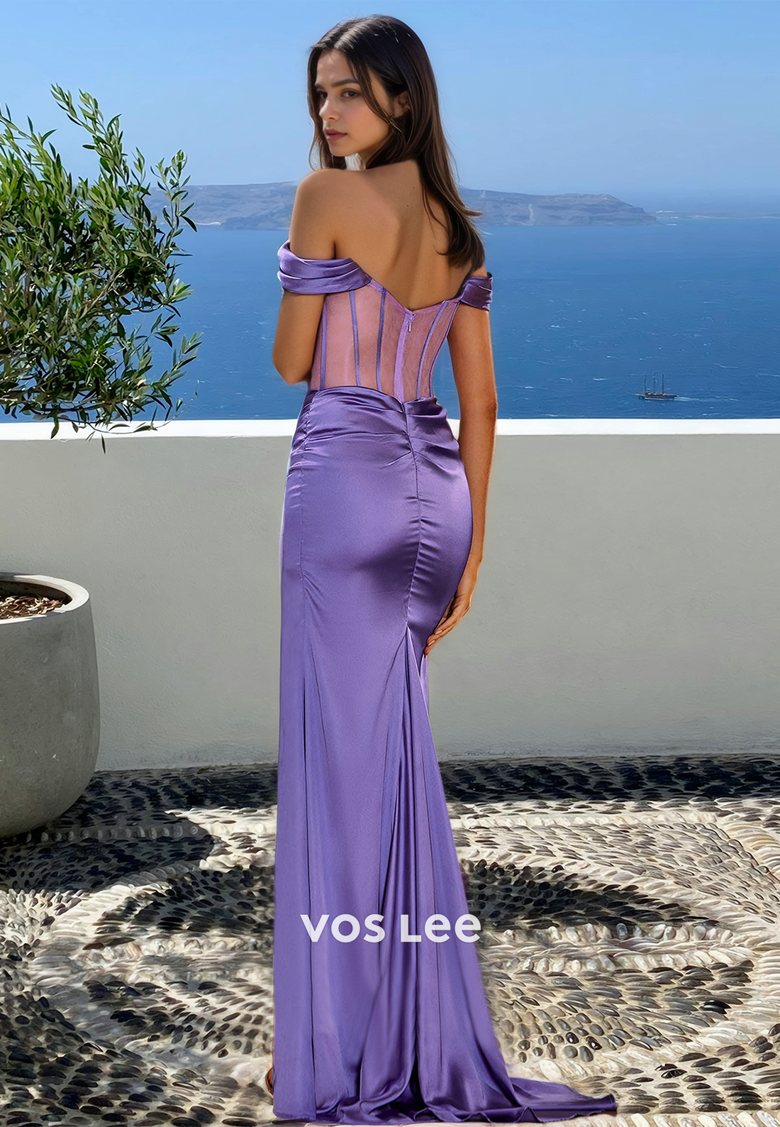 Unique Column Off Shoulder Sleeveless Sweep Train Ruched Prom Evening Dress
