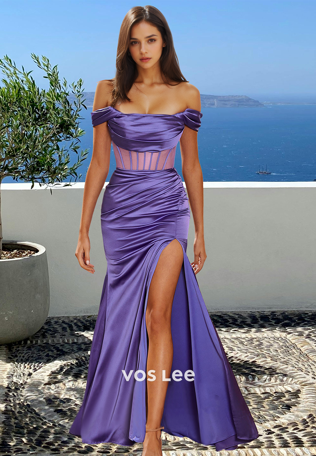 Unique Column Off Shoulder Sleeveless Sweep Train Ruched Prom Evening Dress