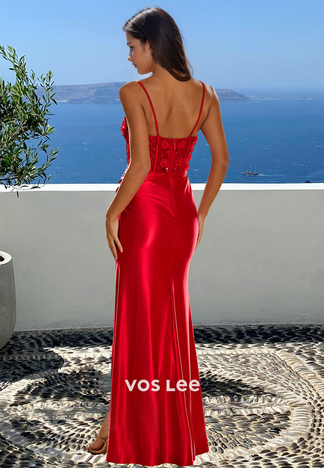 Charming Sweetheart Column High Split Lace Appliques Satin Ptom Party Dress