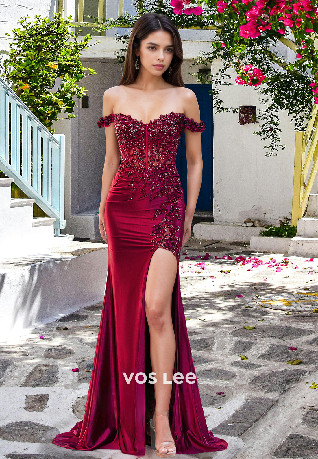Beaded Off Shoulder Satin Party Dress Sheath Appliques Long Evening Gown with Slit