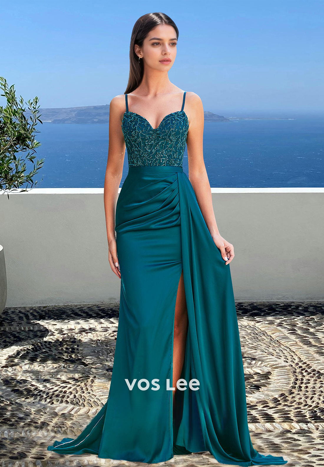 Elegant Sweetheart Straps Sheath Side Slit Train Appliques Satin Party Prom Dress with Beaded
