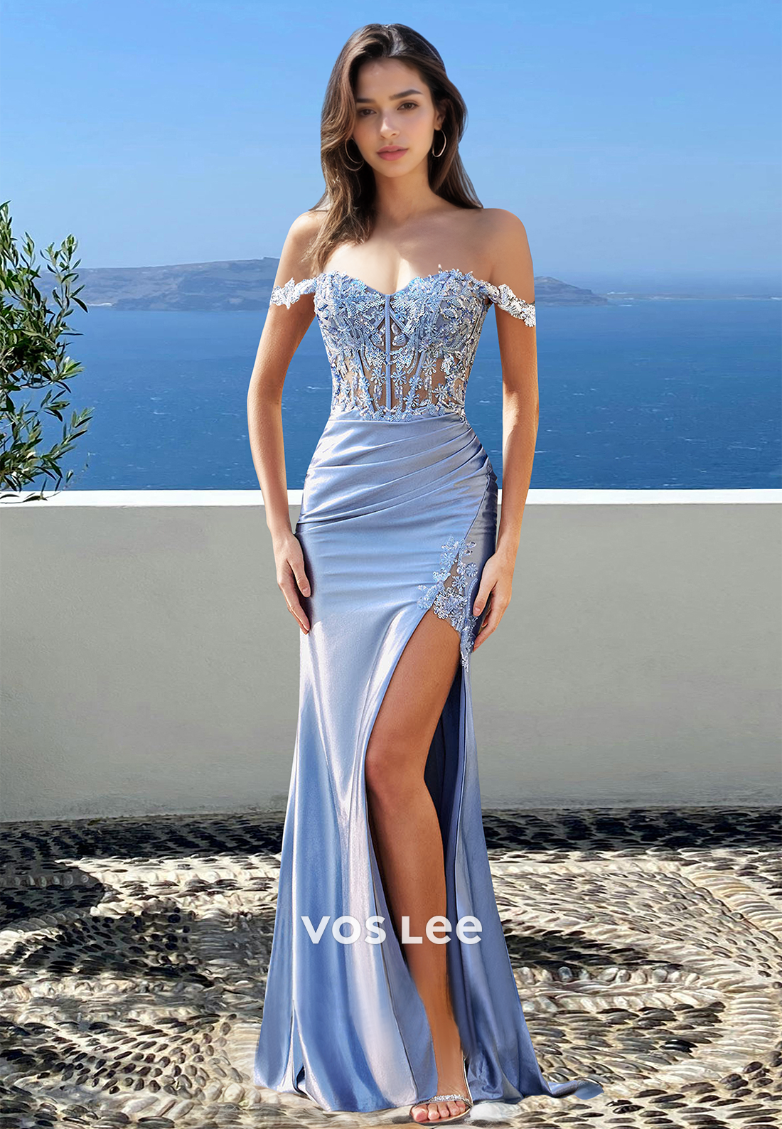 Off-Shoulder Sheath Prom Dress Sleeveless Appliques Satin Pleats Formal Occasion wirth Slit