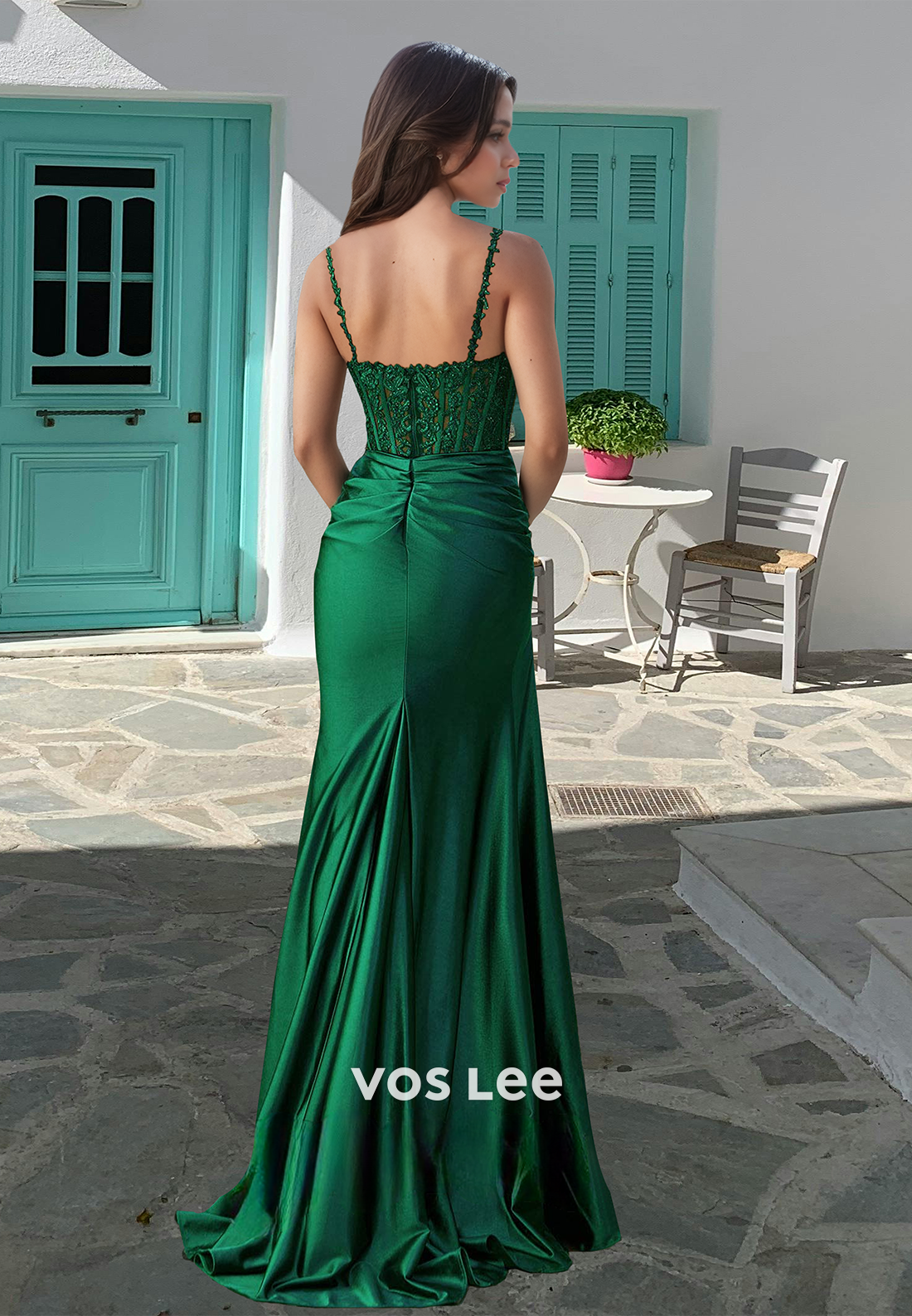 Scoop Neck Spaghetti Straps Sheath Stripes Satin Appliques Pleats Prom Dress with High Slit