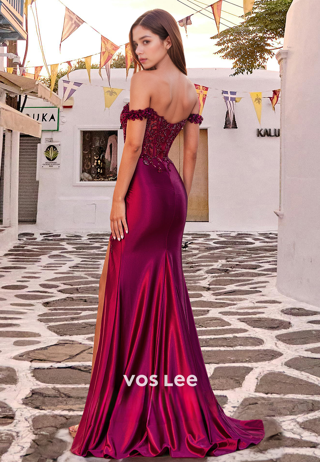 Beaded Off Shoulder Satin Party Dress Sheath Appliques Long Evening Gown with Slit