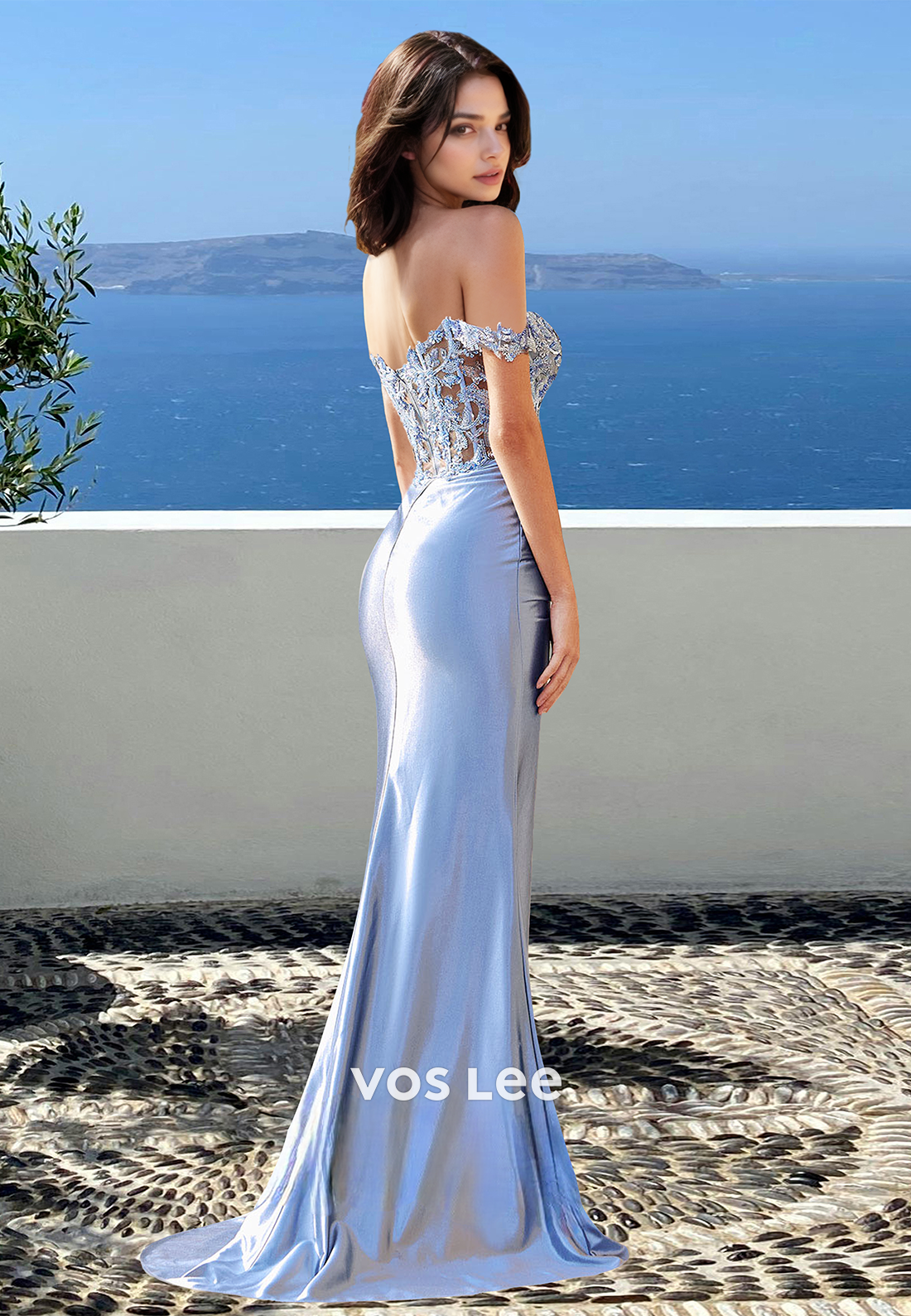 Off-Shoulder Sheath Prom Dress Sleeveless Appliques Satin Pleats Formal Occasion wirth Slit