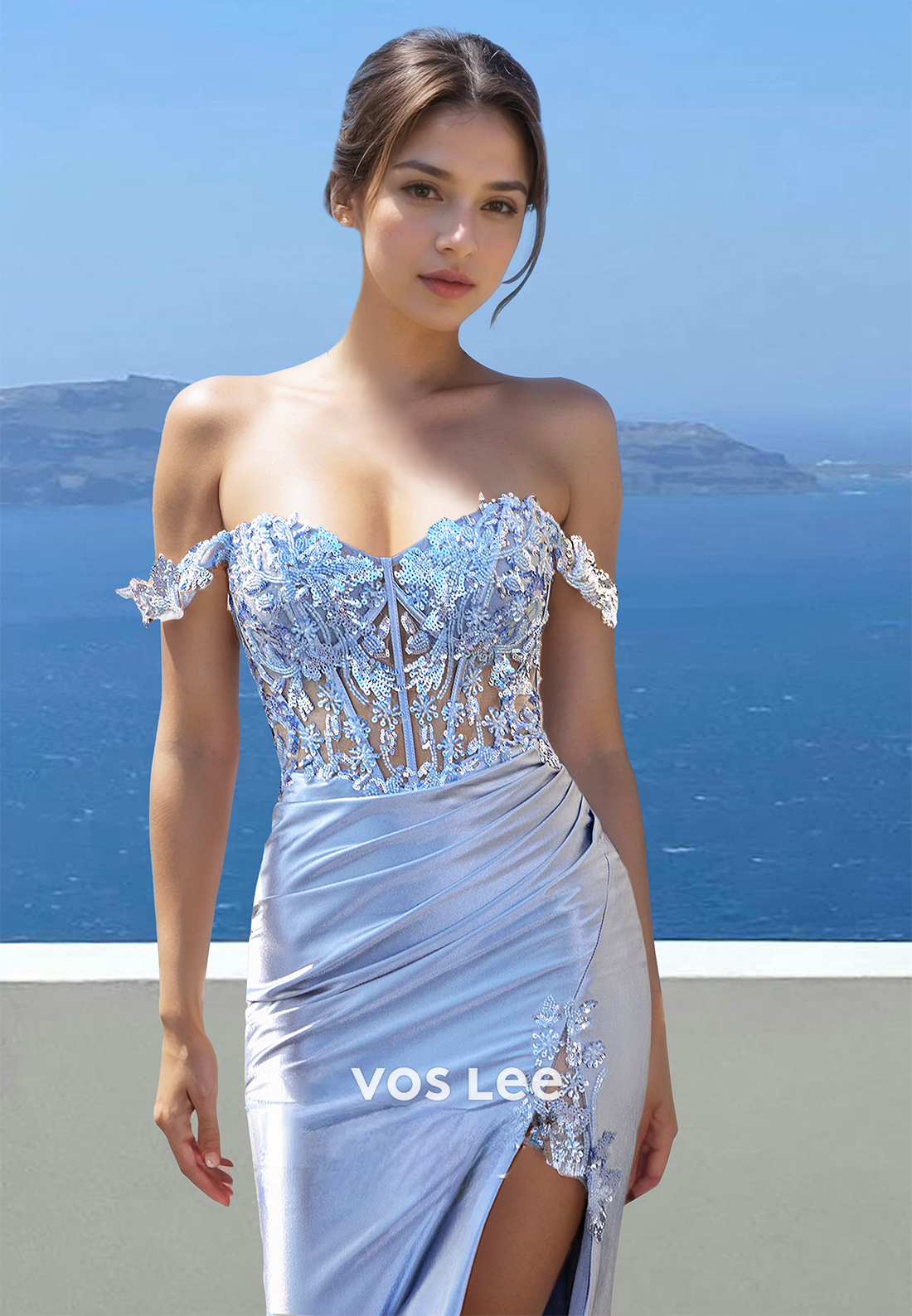 Off-Shoulder Sheath Prom Dress Sleeveless Appliques Satin Pleats Formal Occasion wirth Slit