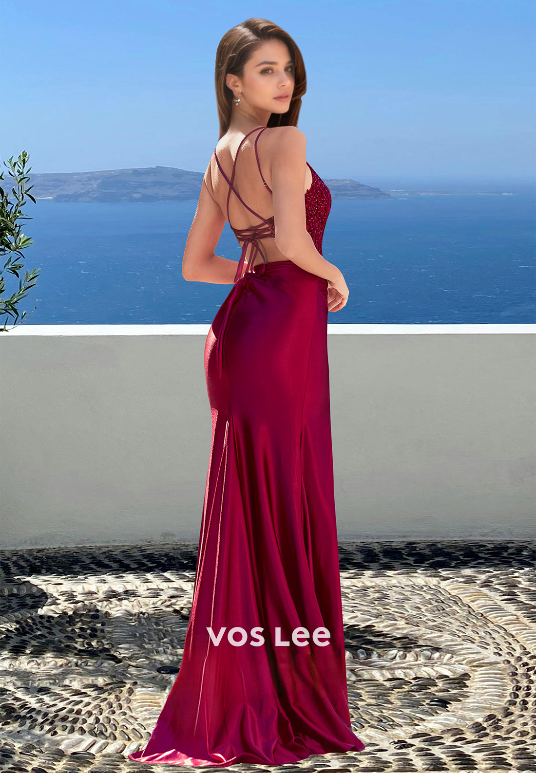 Charming Spaghetti Straps Side Slit Satin Appliques Party Formal Dress with Beaded