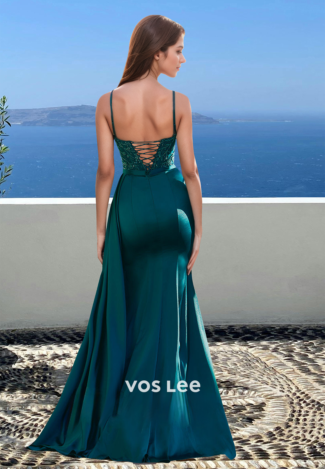 Elegant Sweetheart Straps Sheath Side Slit Train Appliques Satin Party Prom Dress with Beaded
