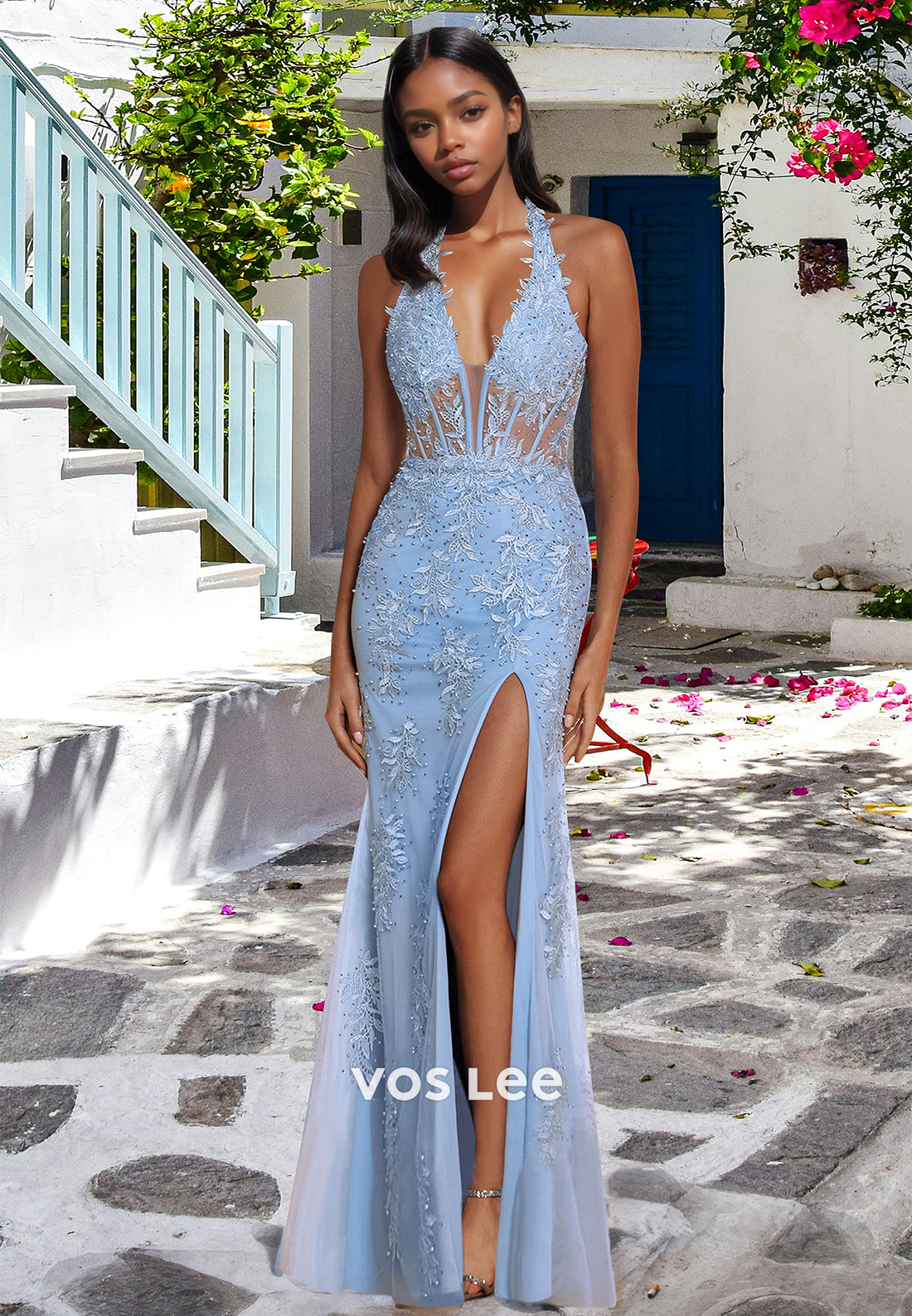 Beaded Halter V-Neck Straps Stripe Appliques Lace Long Party Evening Dress with Slit