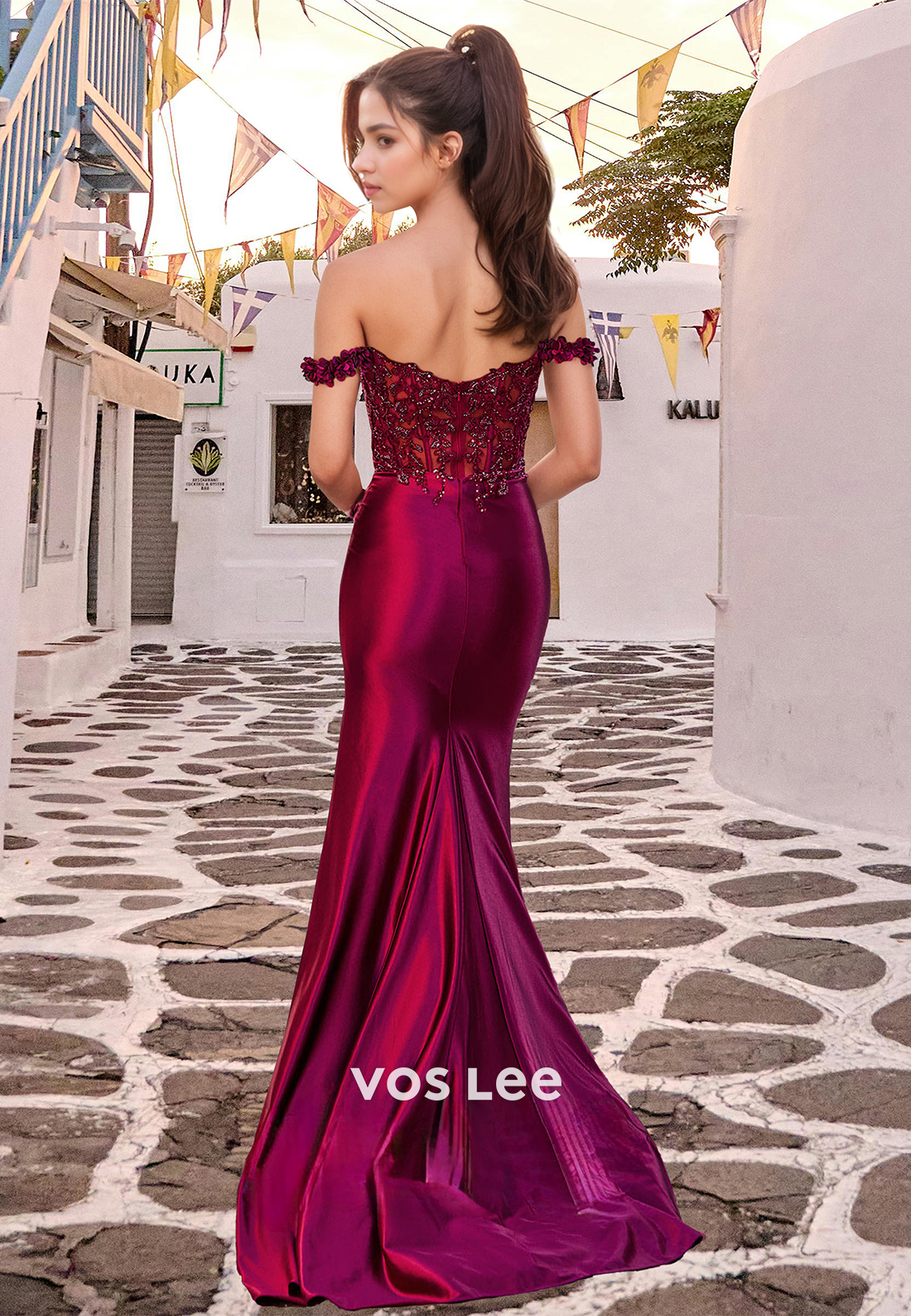 Beaded Off Shoulder Satin Party Dress Sheath Appliques Long Evening Gown with Slit