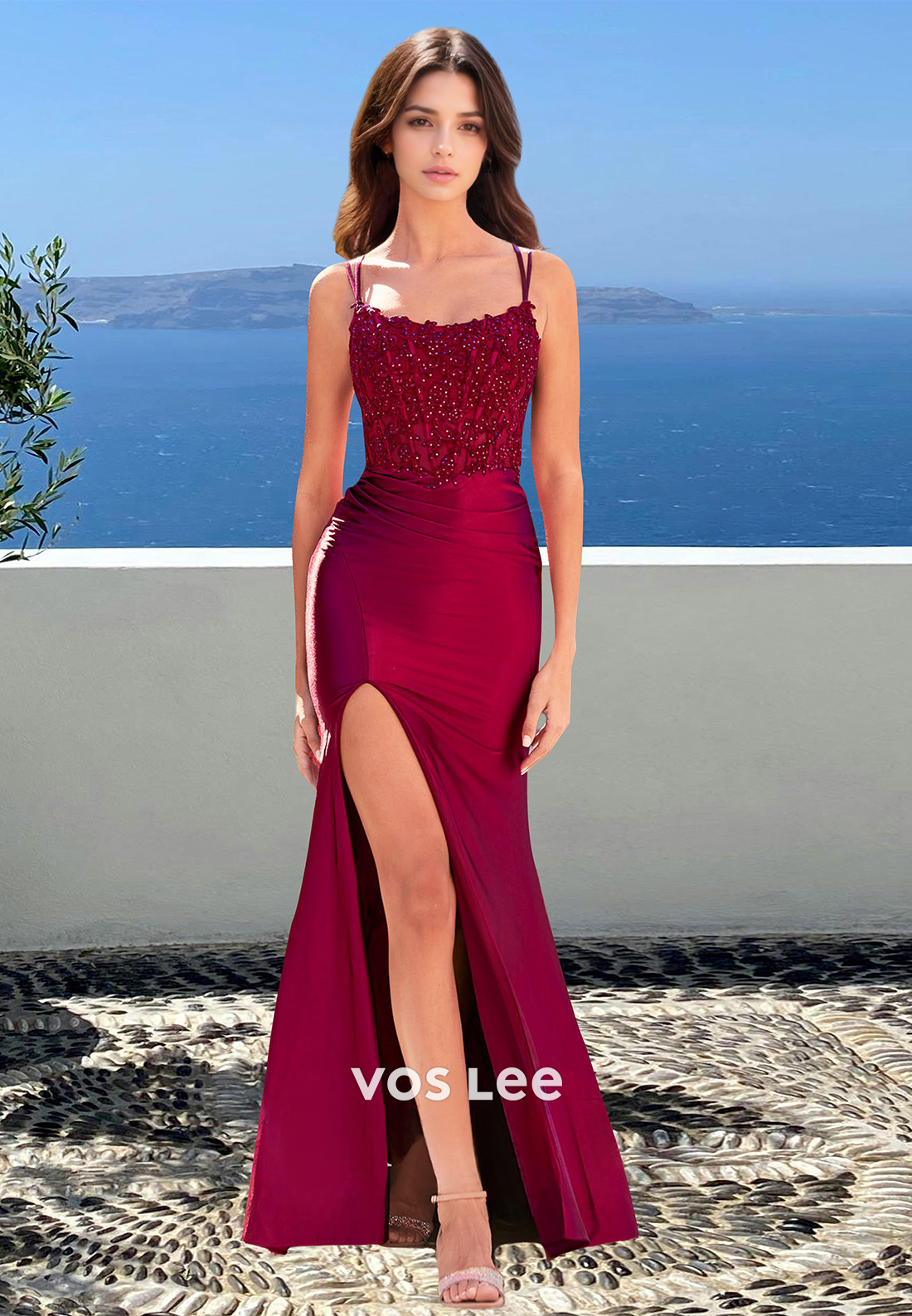 Charming Spaghetti Straps Side Slit Satin Appliques Party Formal Dress with Beaded