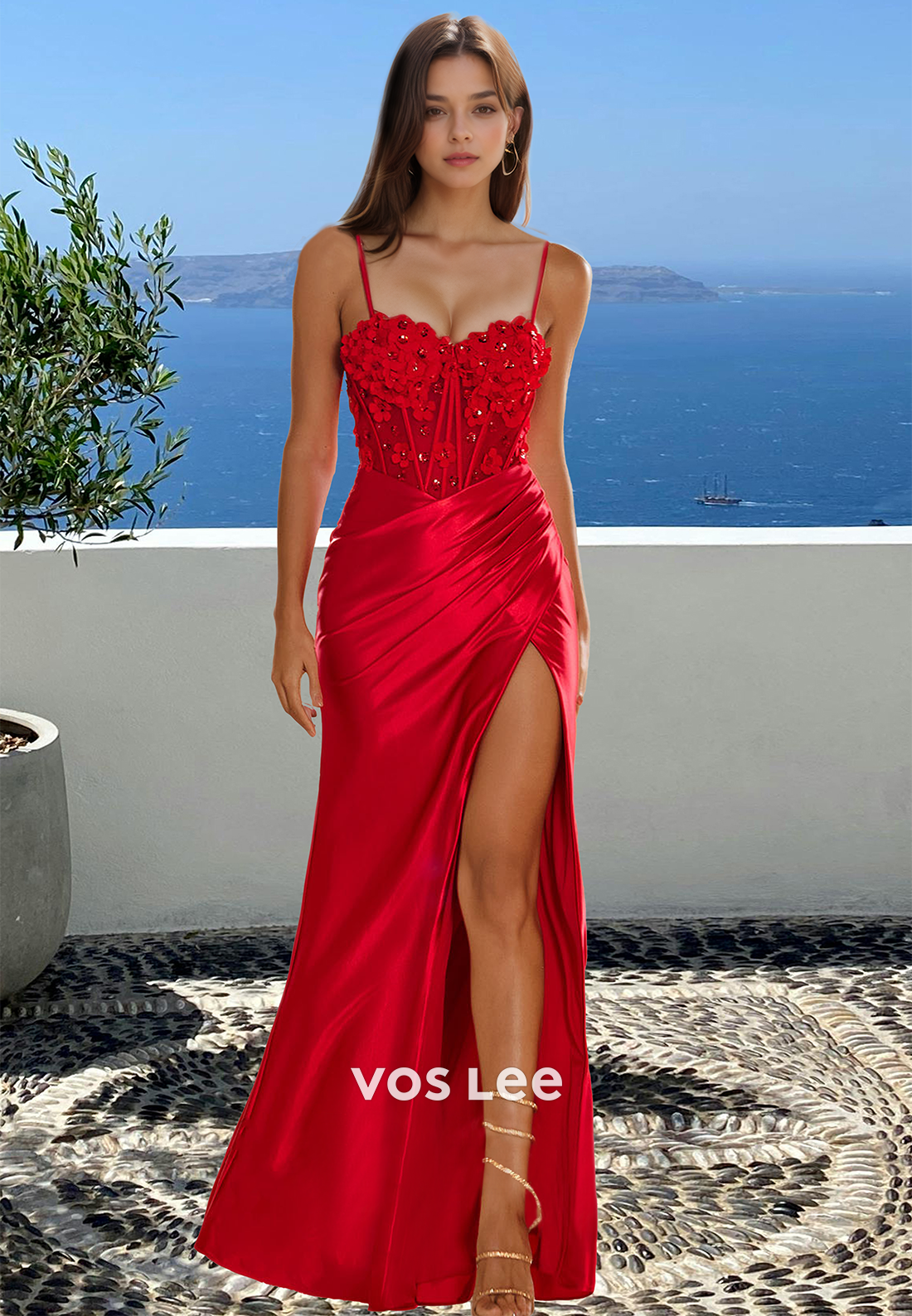 Charming Sweetheart Column High Split Lace Appliques Satin Ptom Party Dress