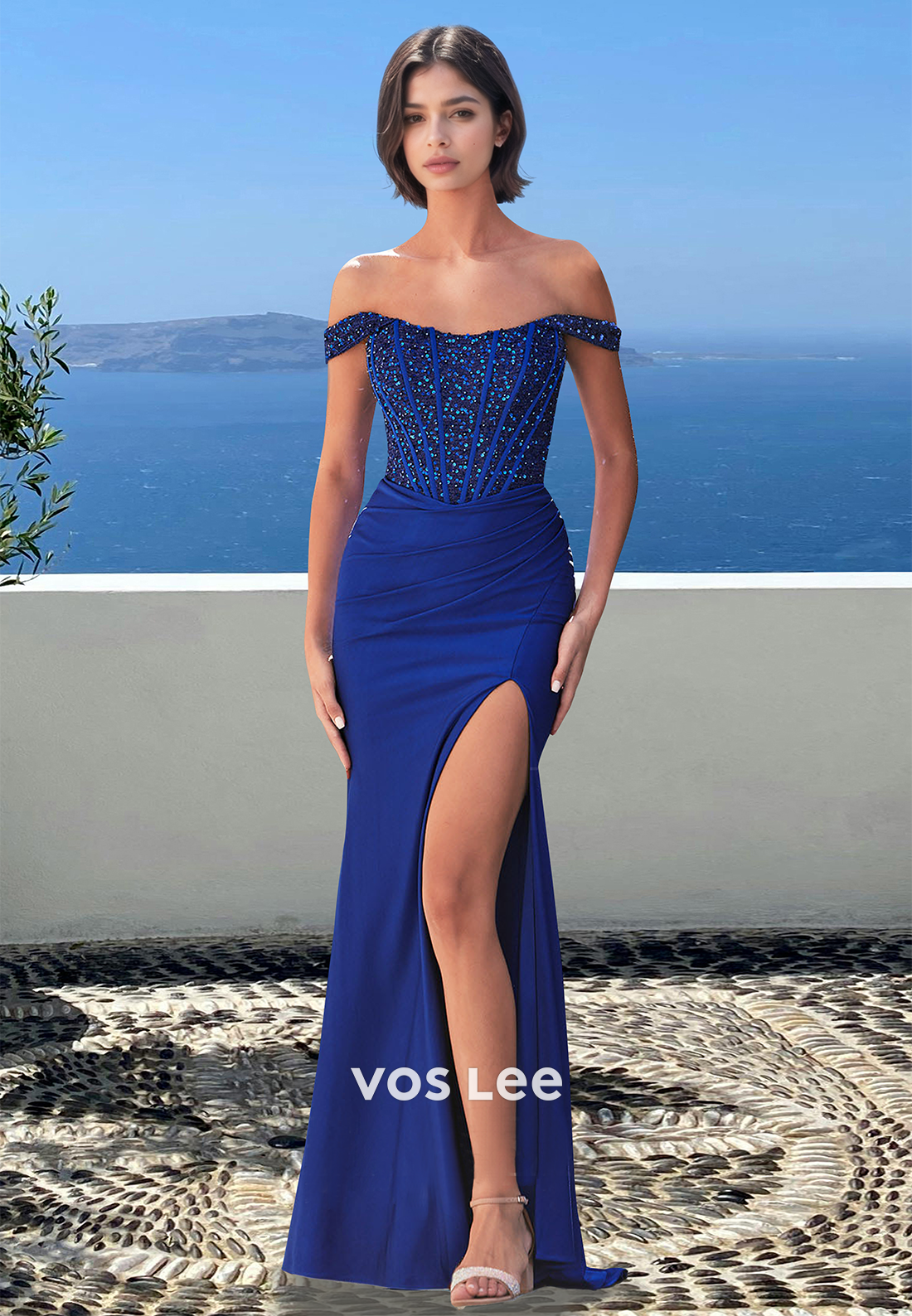 Beaded Off Shoulder Sleeveless Stripe Satin Pleated Long Formal Prom Dress with High Slit