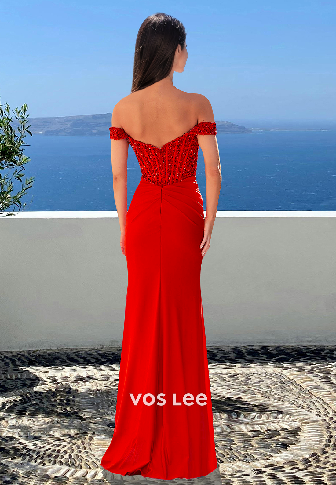Beaded Off Shoulder Sleeveless Stripe Satin Pleated Long Formal Prom Dress with High Slit