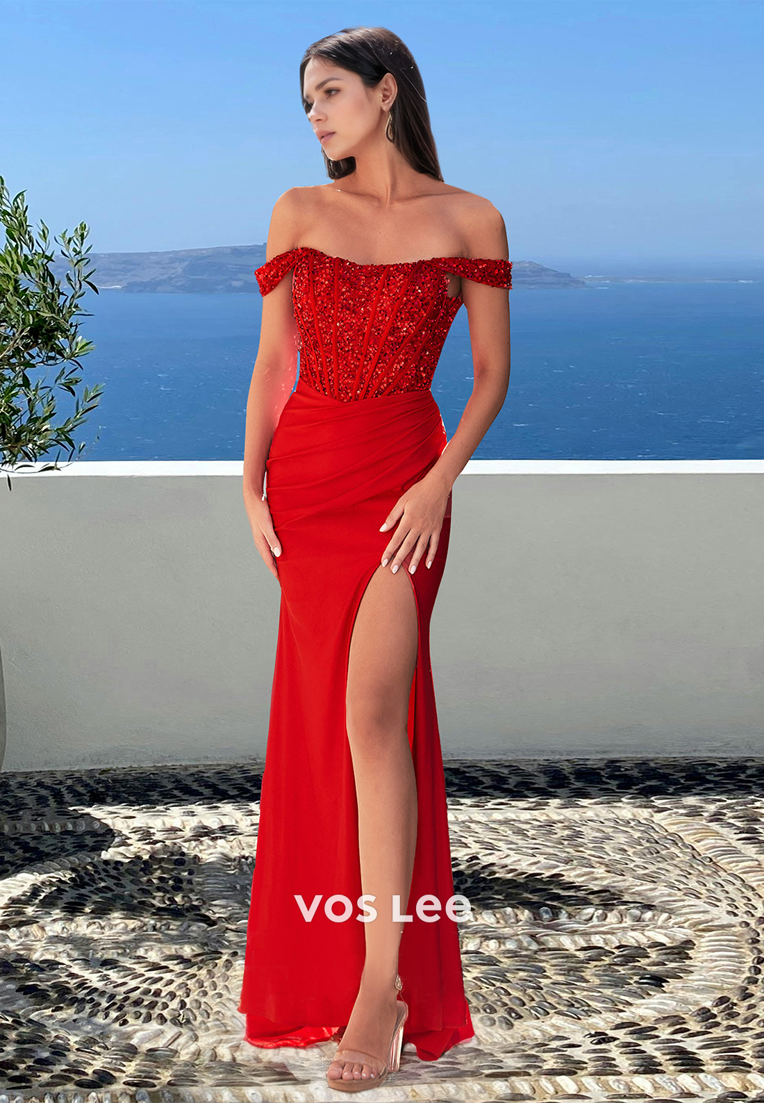 Beaded Off Shoulder Sleeveless Stripe Satin Pleated Long Formal Prom Dress with High Slit