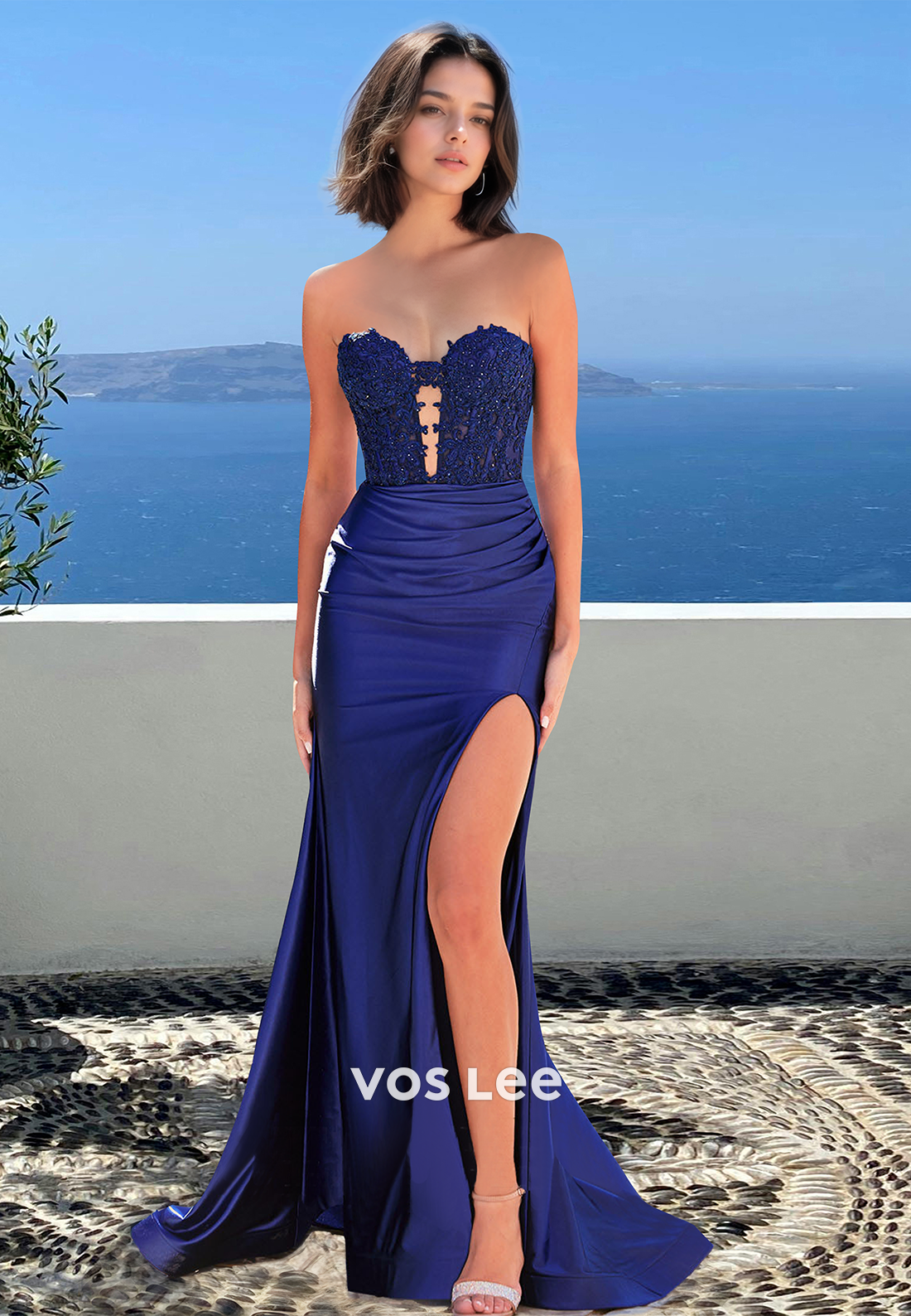 Glamorous Sweetheart Sheath Prom Dress Sleeveless Side Slit Beads Party Dress with Appliques
