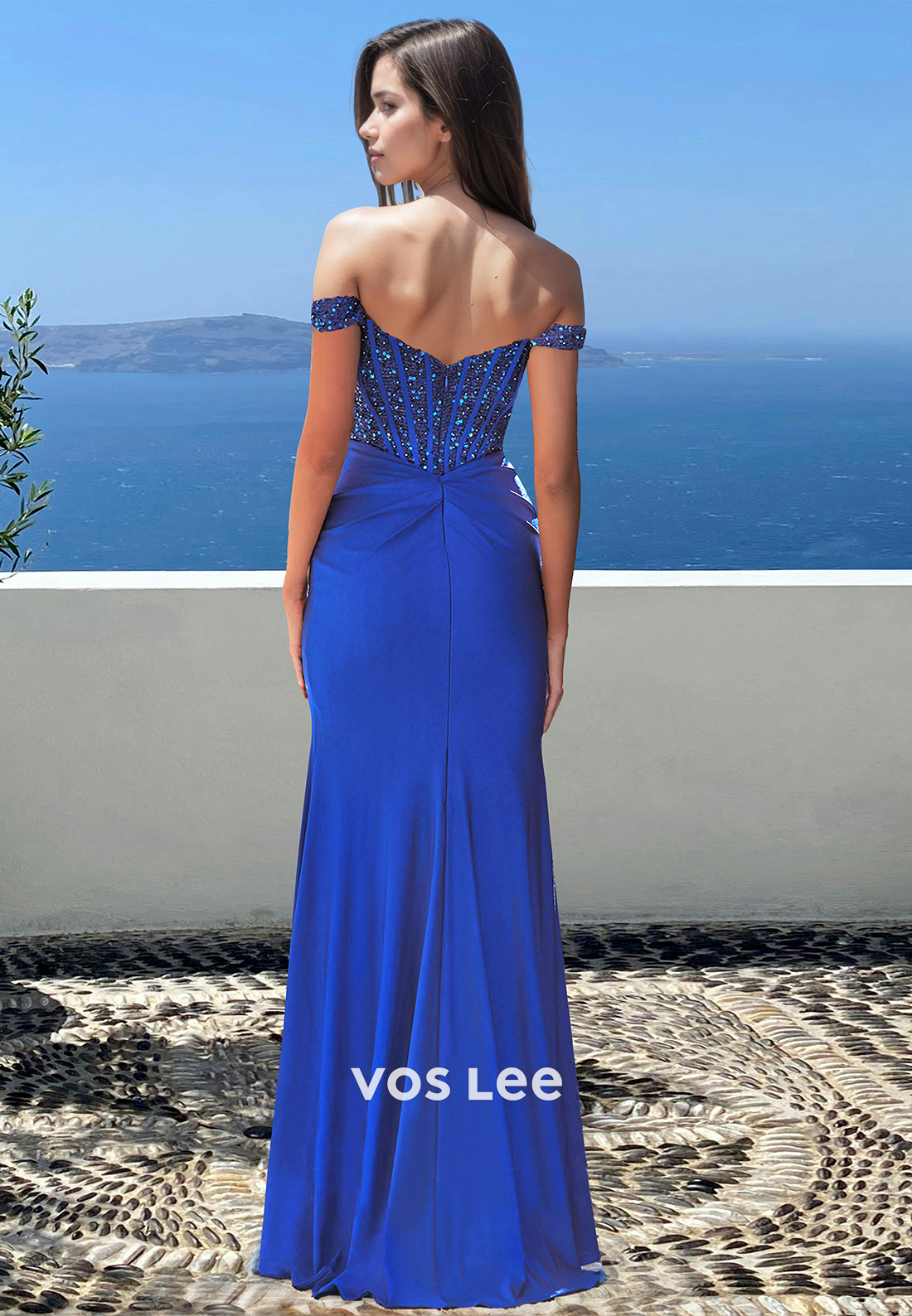 Beaded Off Shoulder Sleeveless Stripe Satin Pleated Long Formal Prom Dress with High Slit