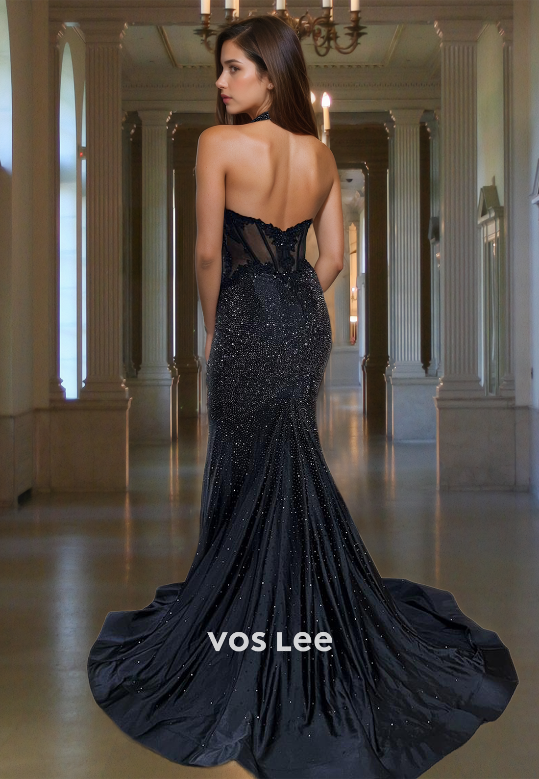 Deep V-Neck Straps Sleeveless Mermaid Fully Beaded Satin Evening Party Dress with Train