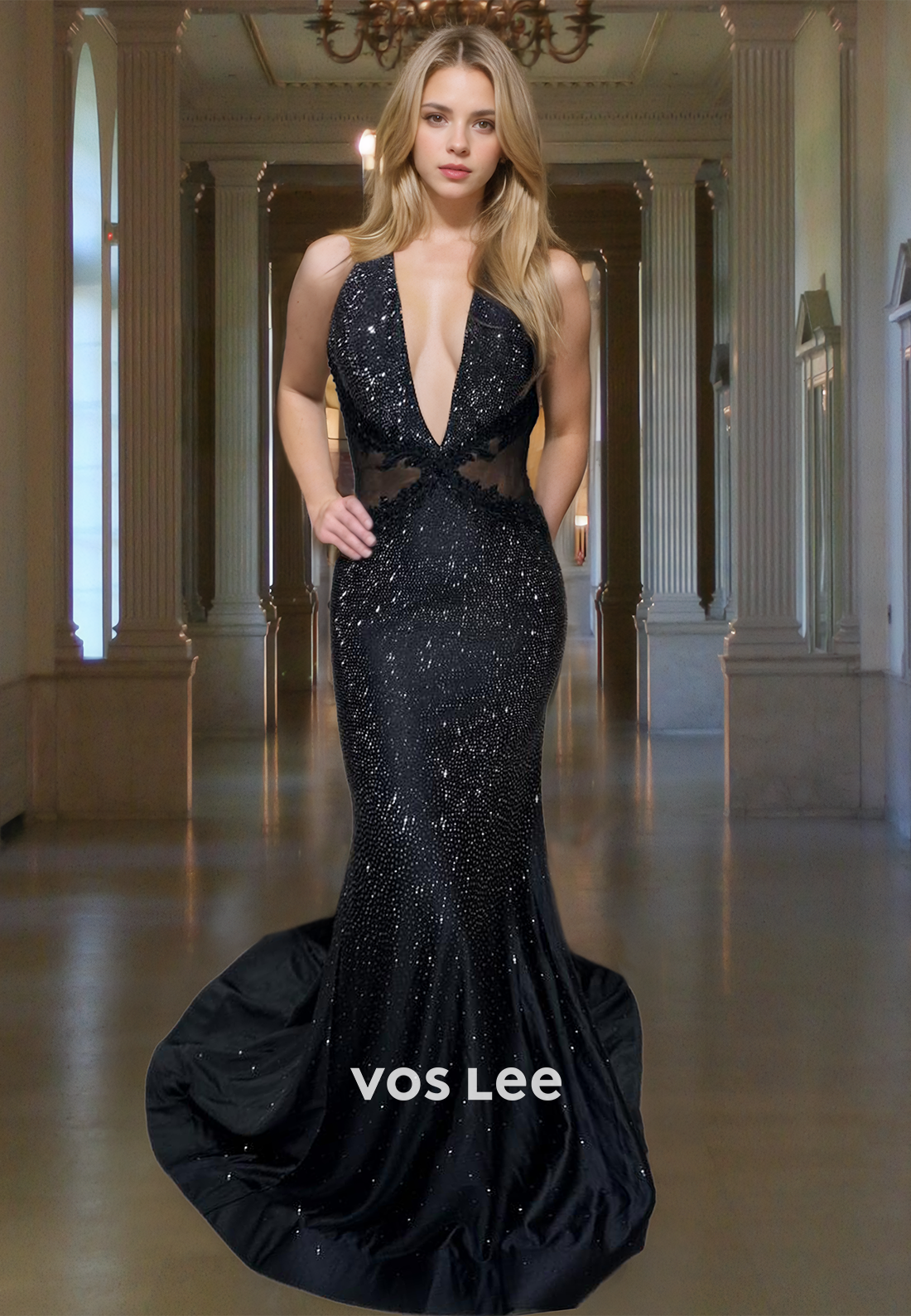 Deep V-Neck Straps Sleeveless Mermaid Fully Beaded Satin Evening Party Dress with Train