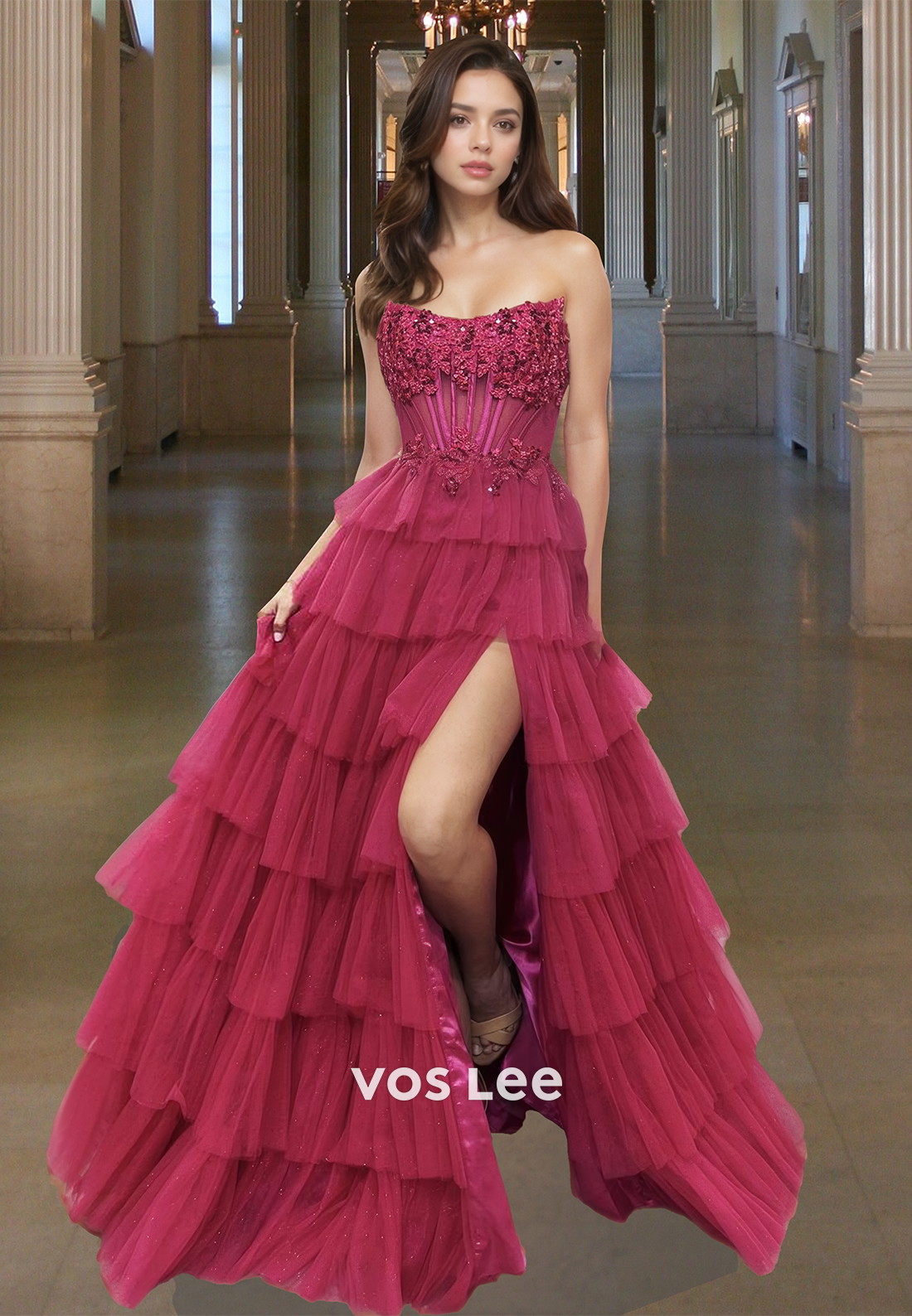 Gorgeous Tube Top A-Line Side Slit Tiered Lace Ball Gowns with Appliques Party Dress