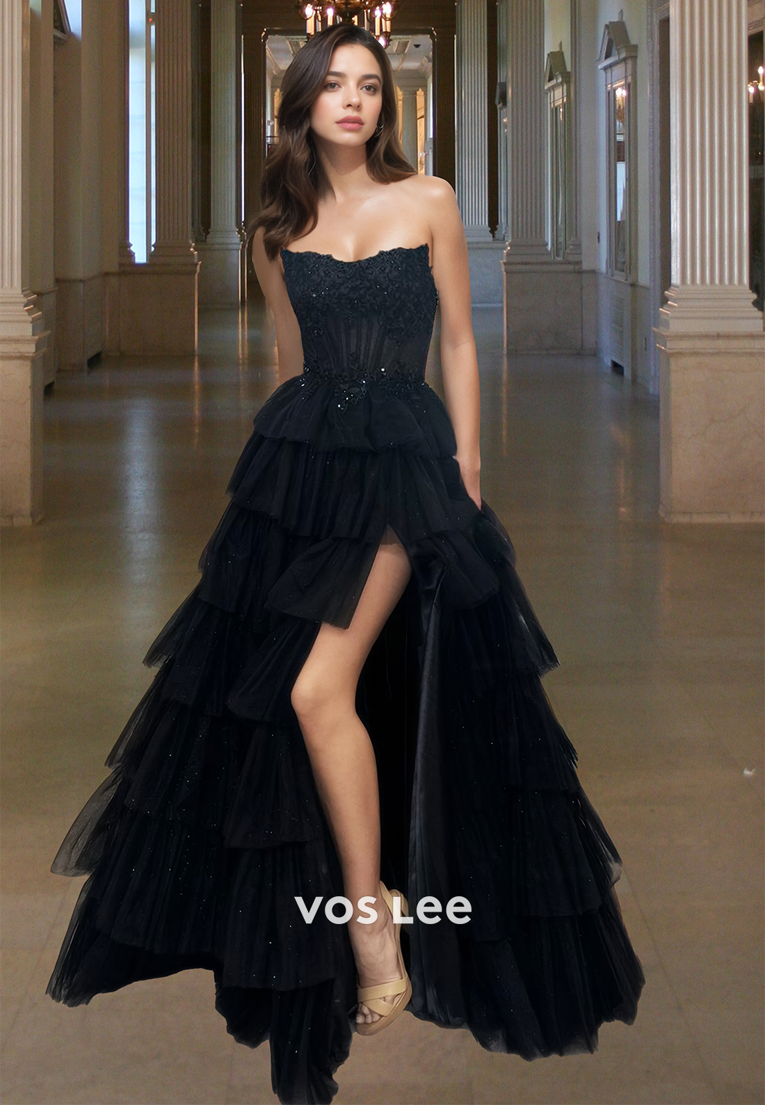 Gorgeous Tube Top A-Line Side Slit Tiered Lace Ball Gowns with Appliques Party Dress