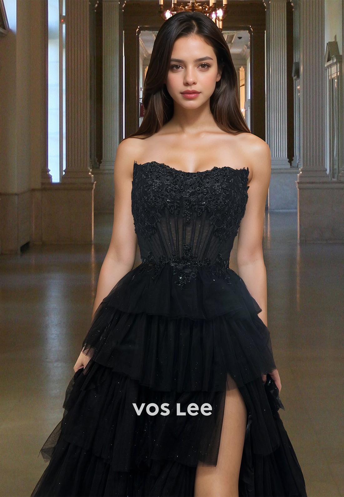 Gorgeous Tube Top A-Line Side Slit Tiered Lace Ball Gowns with Appliques Party Dress