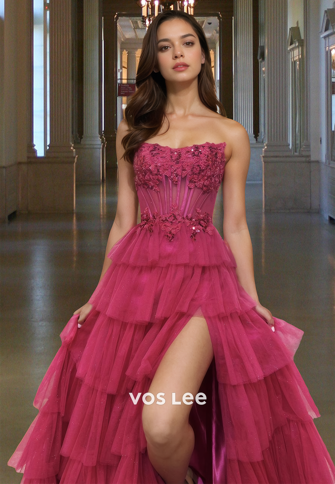 Gorgeous Tube Top A-Line Side Slit Tiered Lace Ball Gowns with Appliques Party Dress