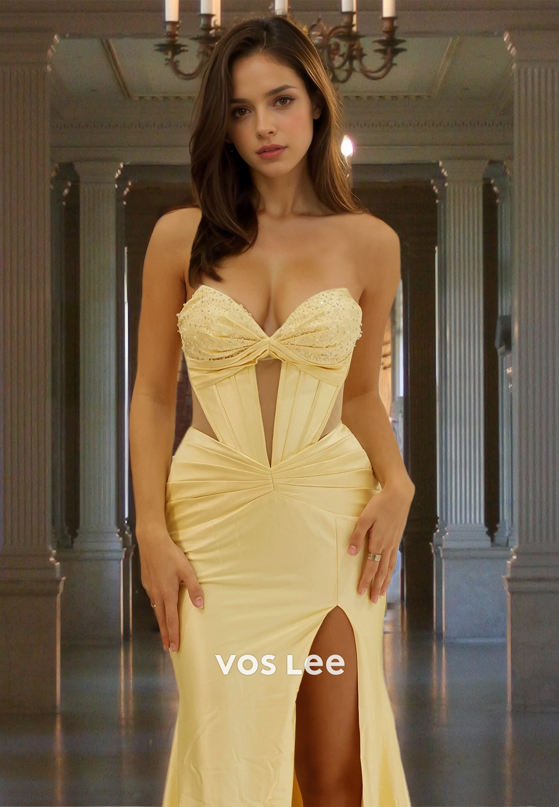 Glamorous Empire Waist Sweetheart Sleeveless Beaded Satin Party Prom Dress with Slit