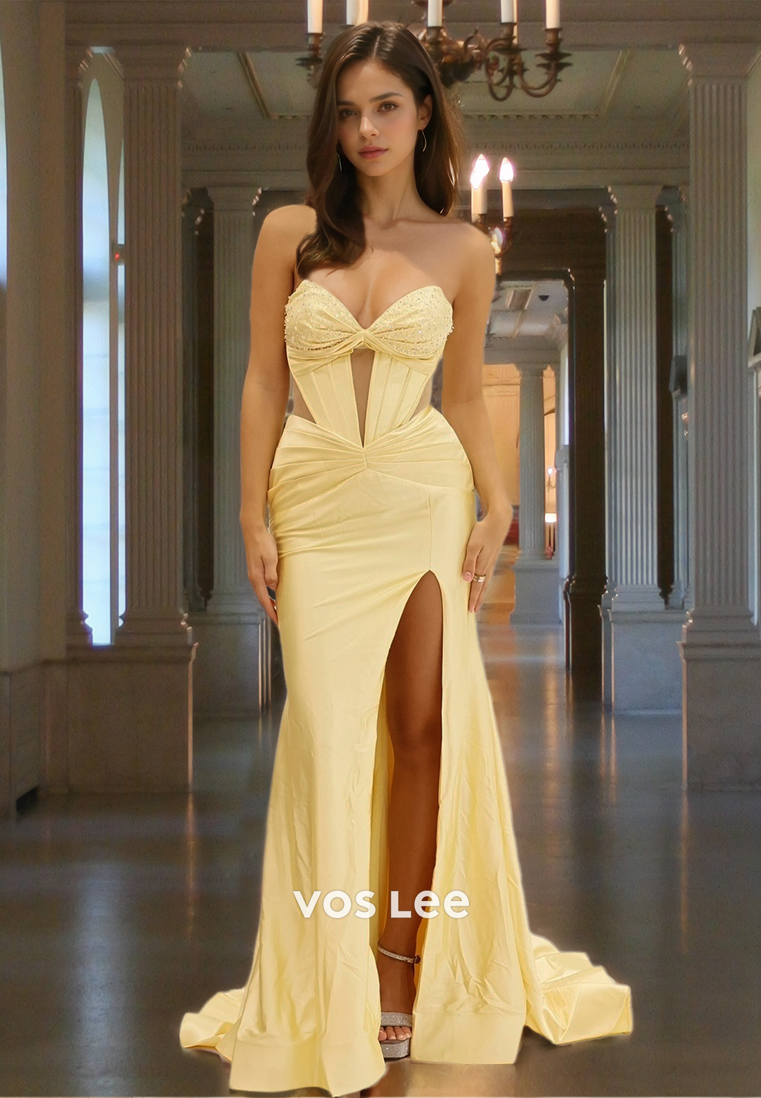 Glamorous Empire Waist Sweetheart Sleeveless Beaded Satin Party Prom Dress with Slit