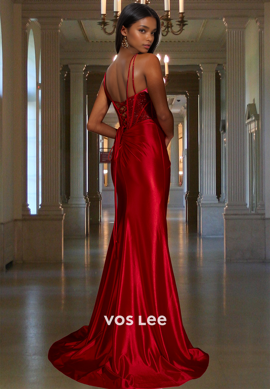 Glamorous Sweetheart Straps Sheath High Split Train Pleats Satin Evening Party Dress with Beads