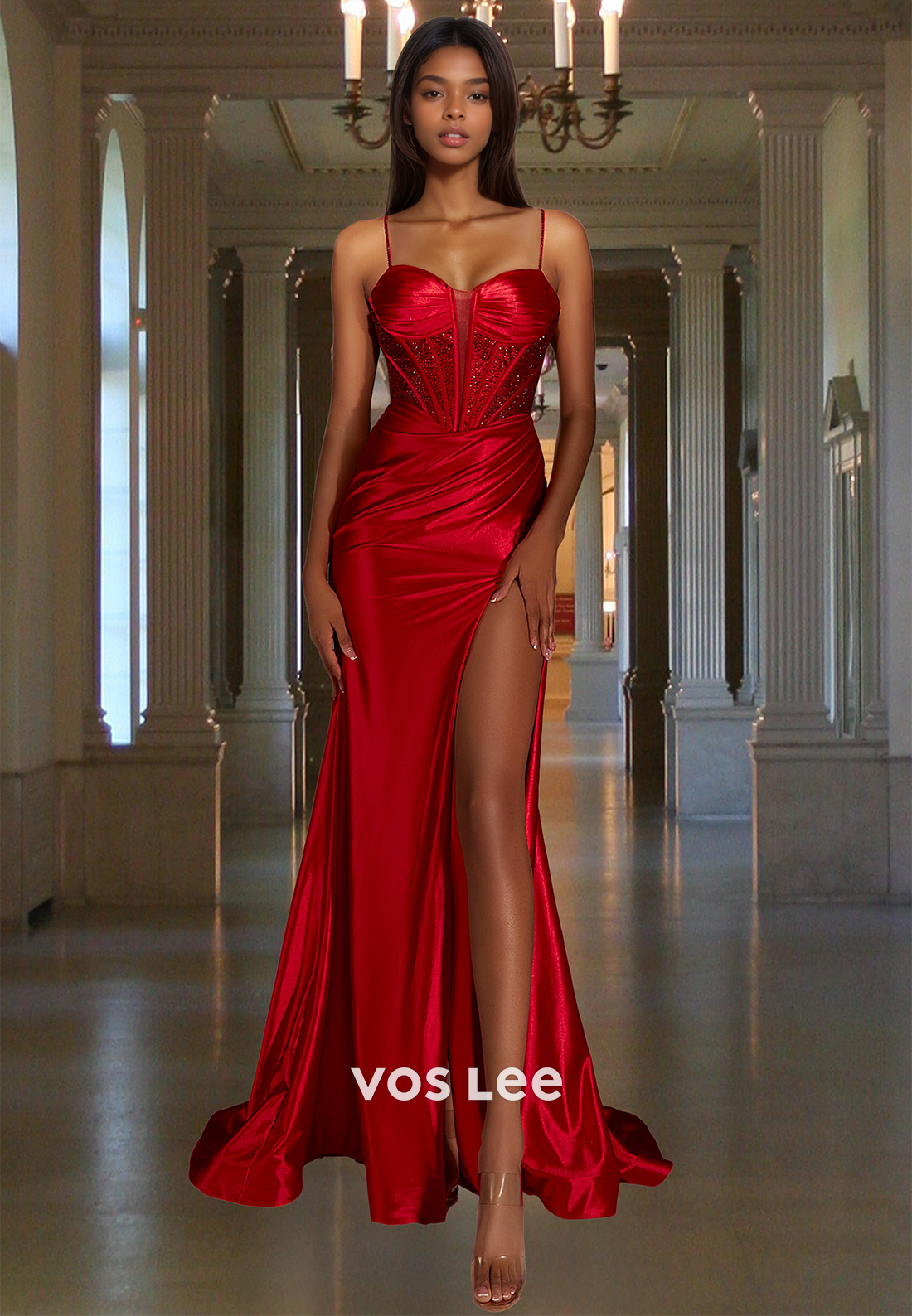 Glamorous Sweetheart Straps Sheath High Split Train Pleats Satin Evening Party Dress with Beads