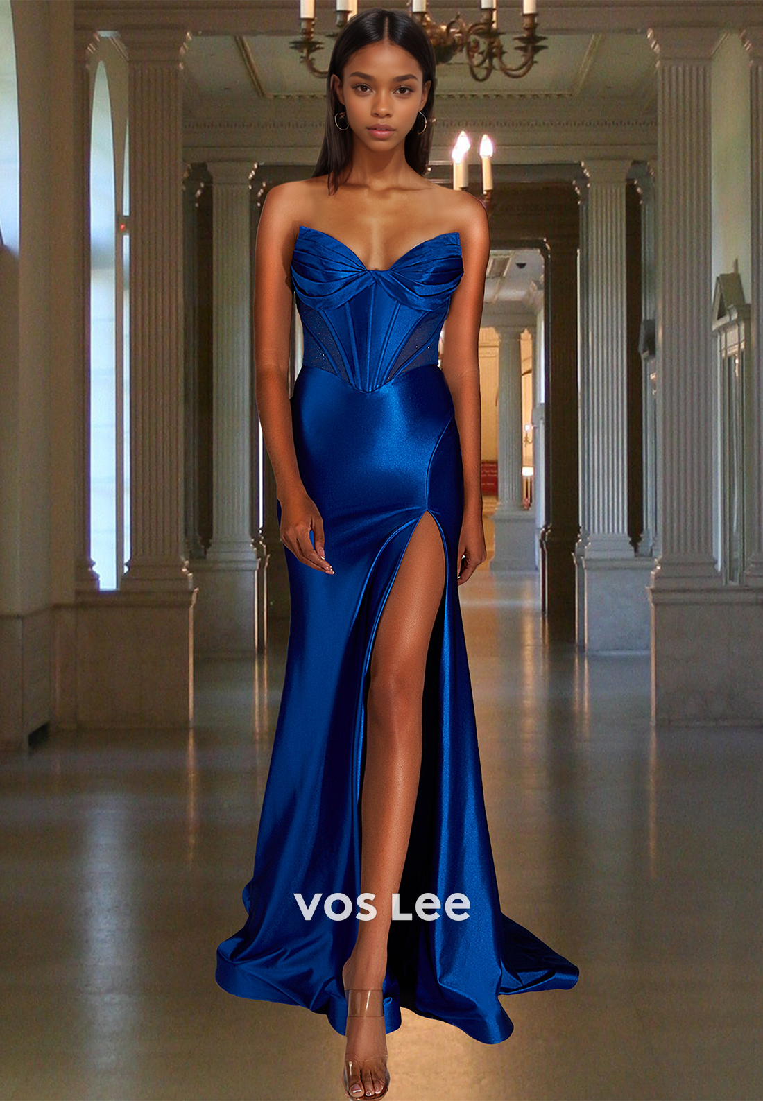 Modest Sheath Sweetheart Sweep Train Lace Up High Split Prom Pageant Dress