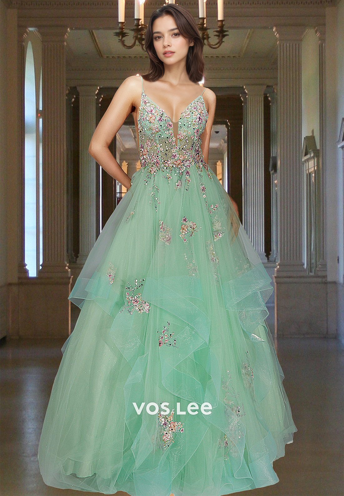 Eleganrt A-Line V-Neck Straps Sleeveless Glitter Lace Pleats Prom Formal Party Dress with Appliques