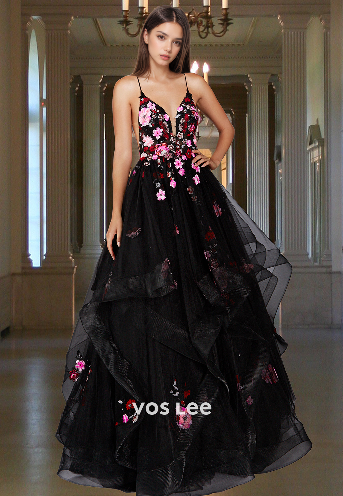 Unique A-Line Deep V Neck Sweep Train Tiered Tulle Sequins Prom Graduation Dress
