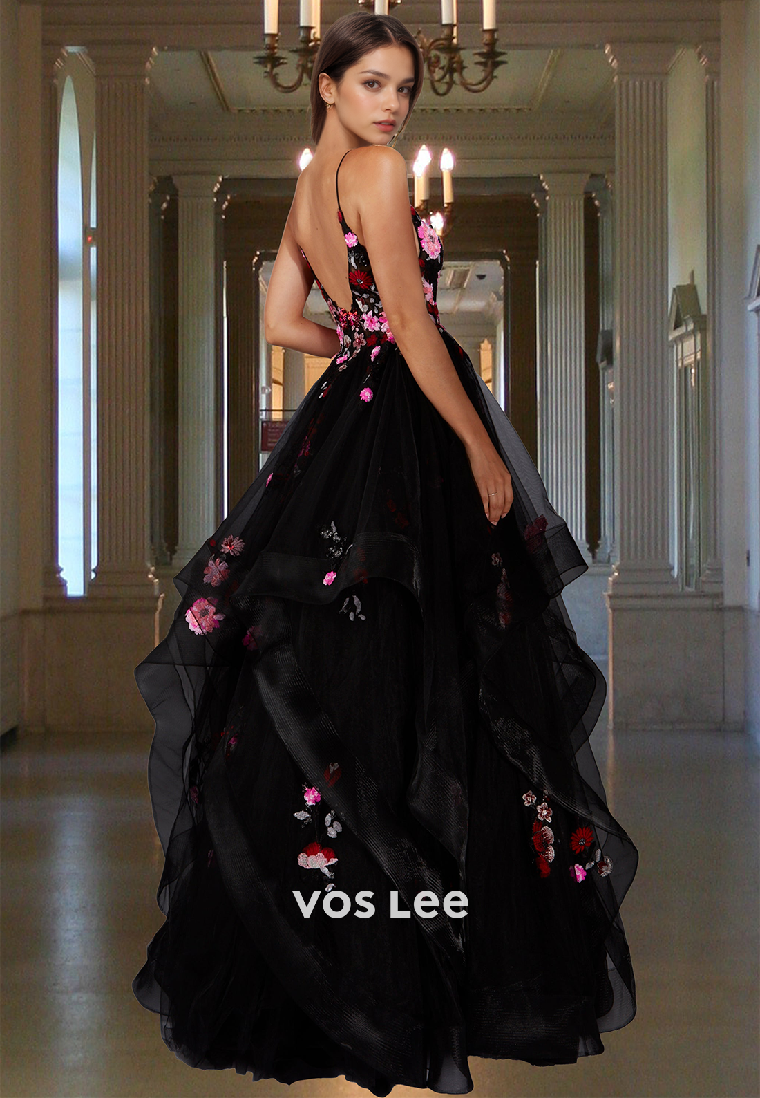 Unique A-Line Deep V Neck Sweep Train Tiered Tulle Sequins Prom Graduation Dress