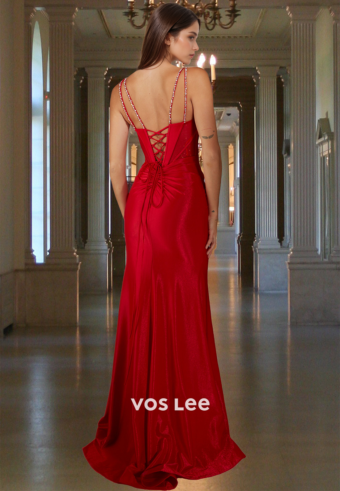 Simple Sheath V Neck Illusion Lace Up Sequins Side Split Prom Formal Dress Glitter