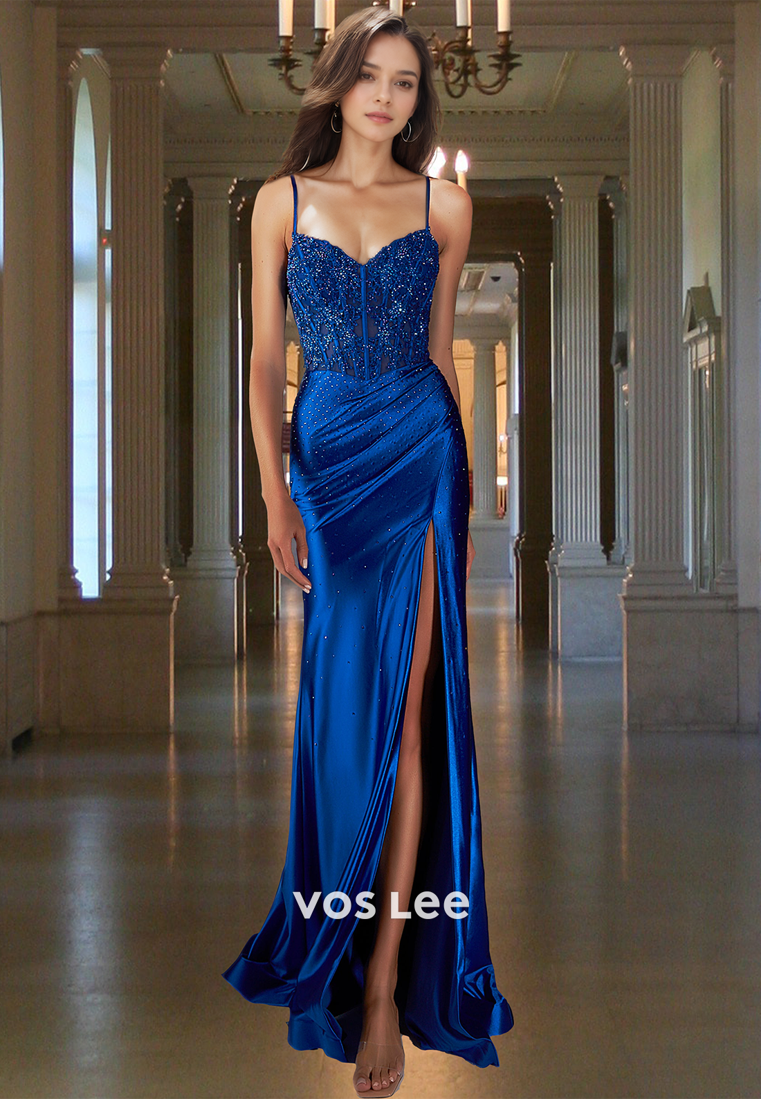 Sparkly Column V Neck Spaghetti Straps Lace Up Royal Blue Sequins Prom Formal Dress