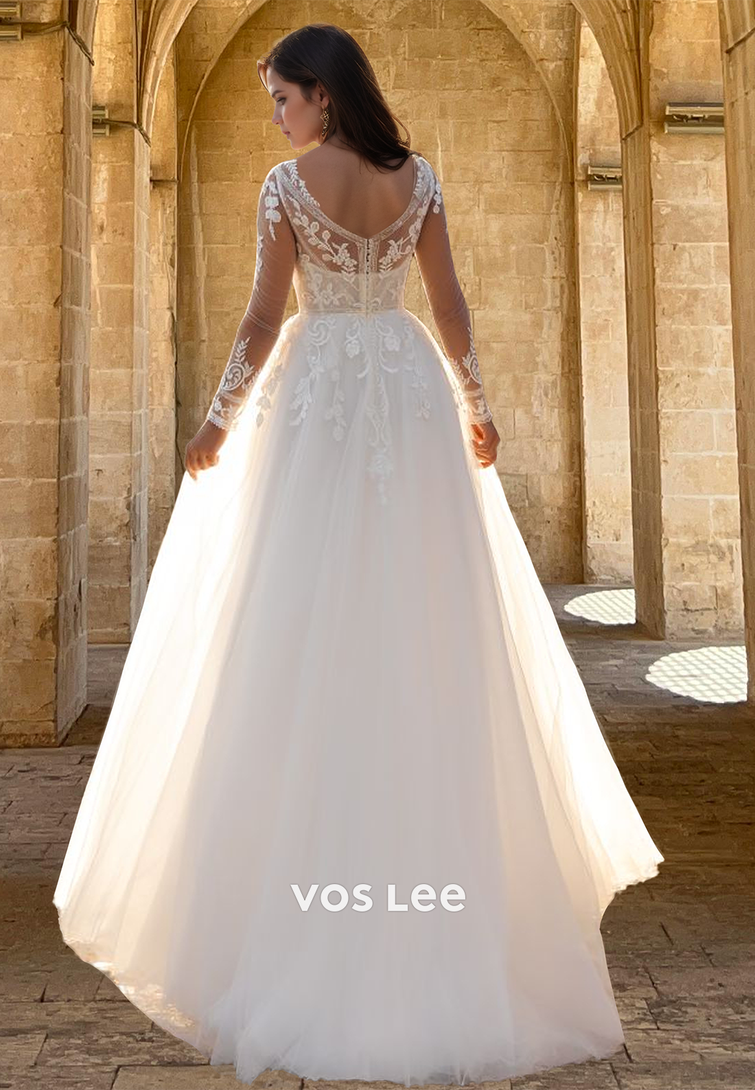 Elegant A-Line V Neck Long Sleeves Back Zipper Court Train Lace Wedding Gown