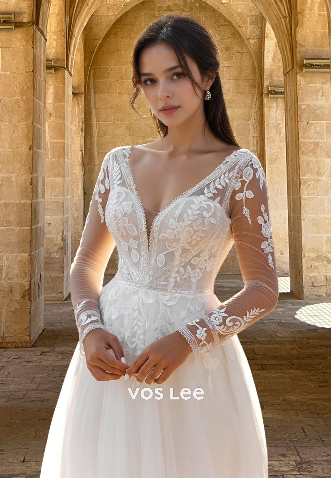 Elegant A-Line V Neck Long Sleeves Back Zipper Court Train Lace Wedding Gown