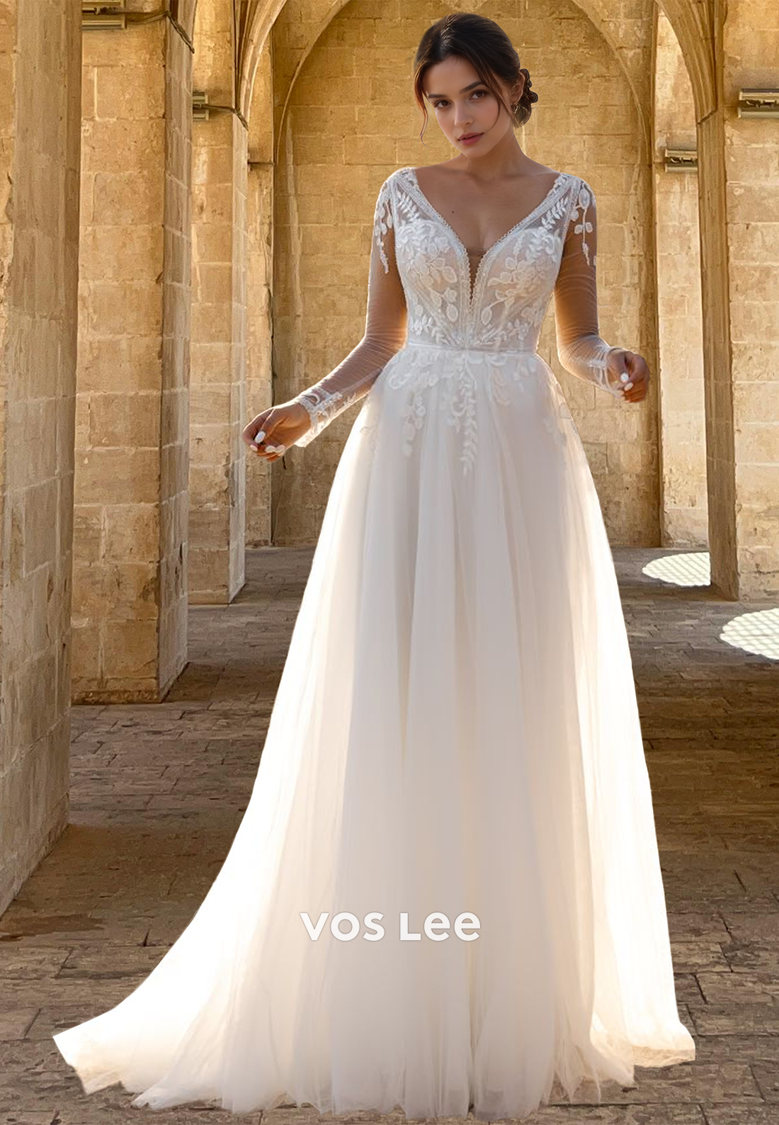 Elegant A-Line V Neck Long Sleeves Back Zipper Court Train Lace Wedding Gown